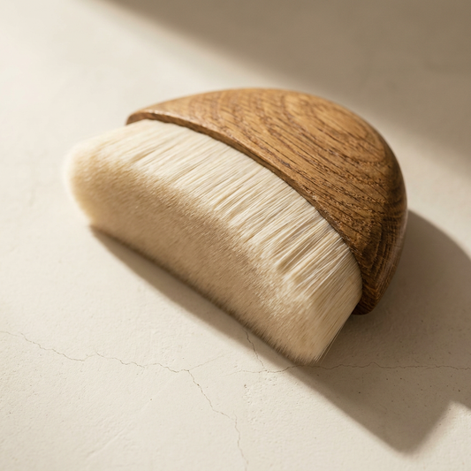 Macro of the oak and natural bristle finish of the Lumi Contour Brush