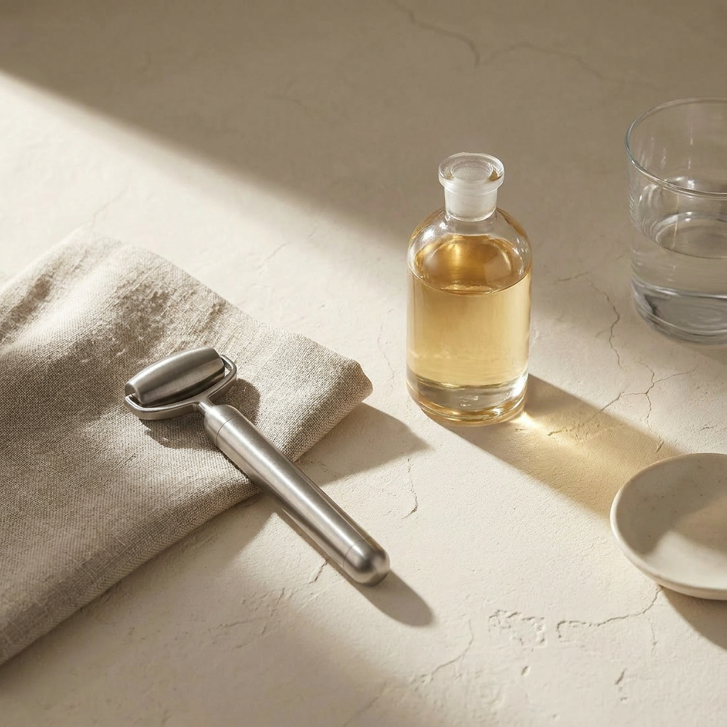 Lumi Contour Roller beside a bottle of slip oil on linen