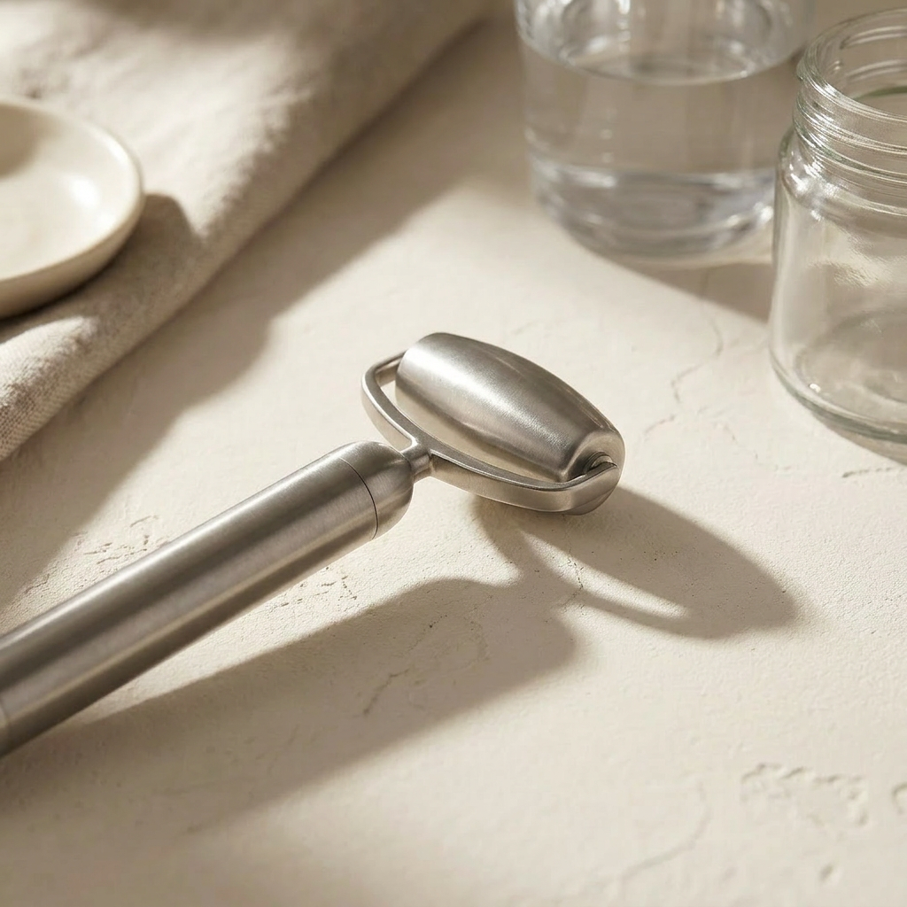 Macro of the solid stainless steel head of the Lumi Contour Roller