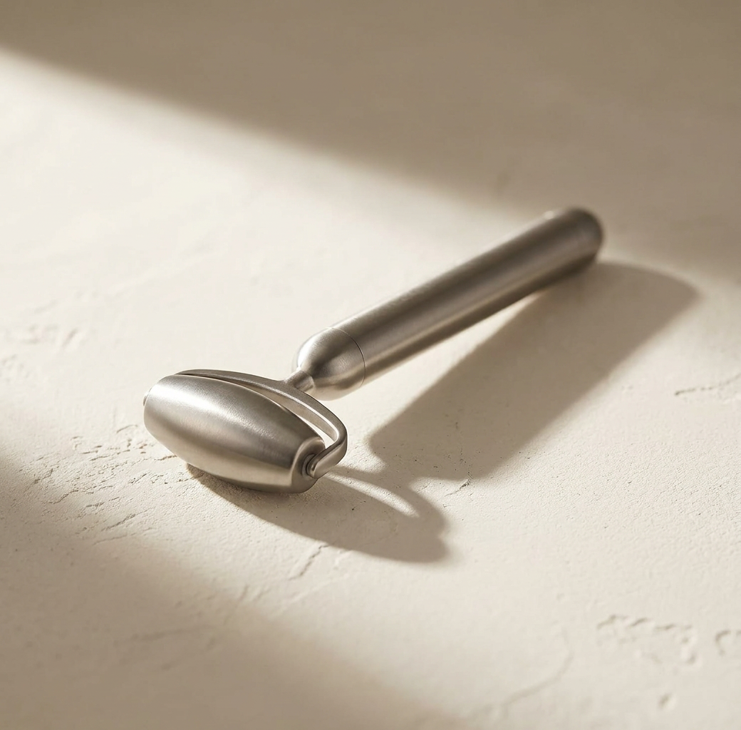 Lumi Weighted Contour Roller in brushed stainless steel on a bone surface