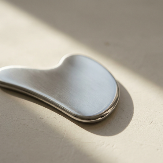 Macro of the weighted stainless steel finish of the Lumi Cryo Gua Sha