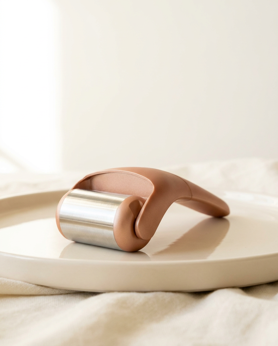 Mini Steel Ice Roller, bright morning light on warm porcelain