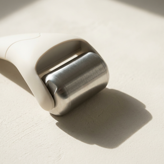 Macro of the brushed steel finish of the Lumi Mini Steel Ice Roller