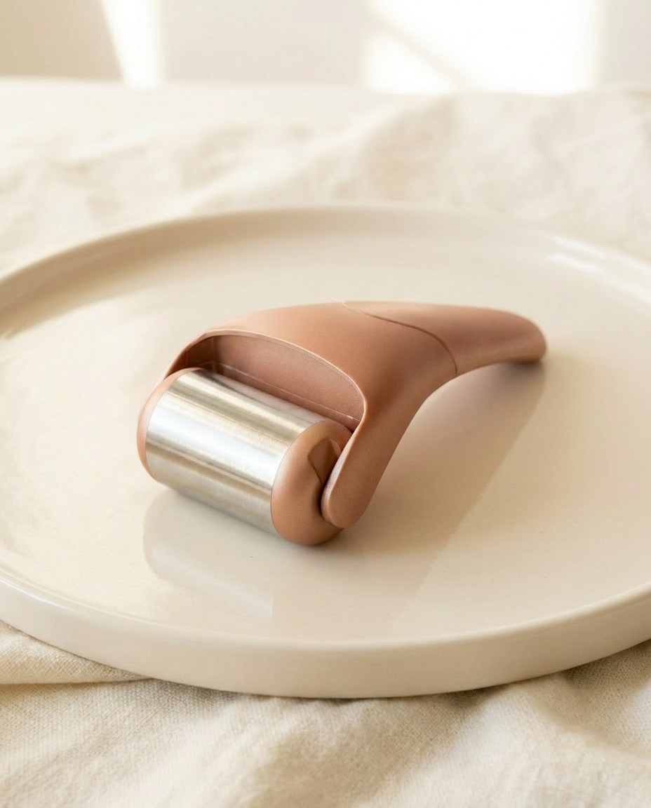 Mini Steel Ice Roller detail, copper handle, morning light