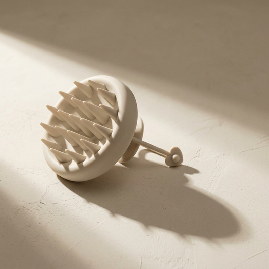 Lumi Scalp Massager, soft silicone, on a bone plaster counter in window light