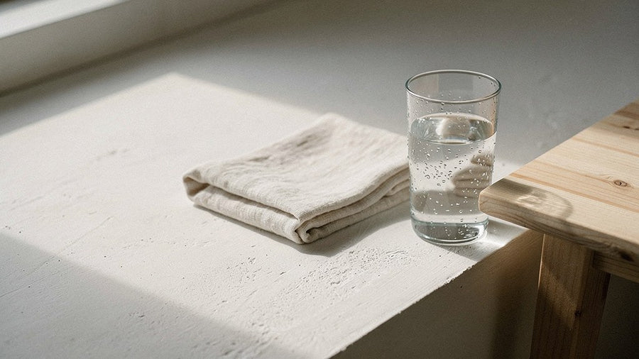 A steel tool resting on a folded linen cloth on a bone counter in window light